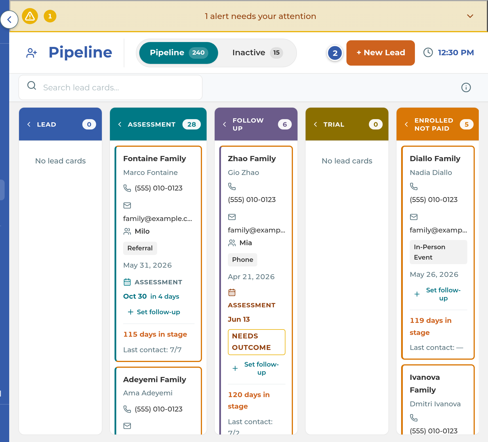 The Pipeline board with the + New Lead button