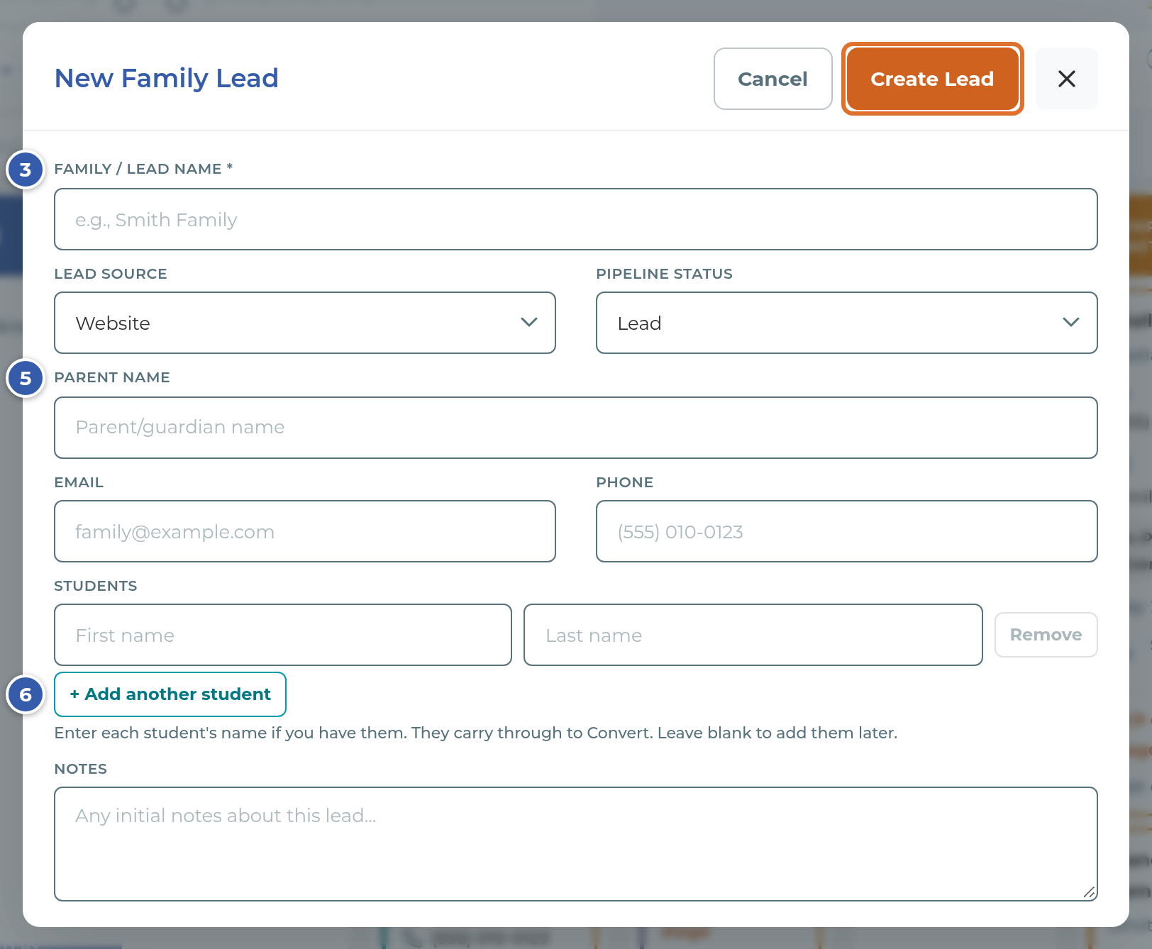 The New Family Lead window