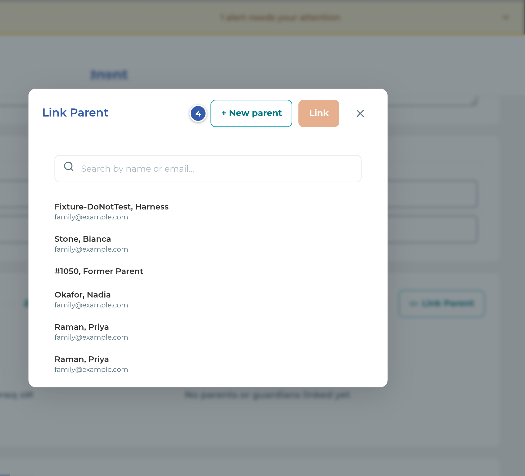 The Link Parent window, with + New parent