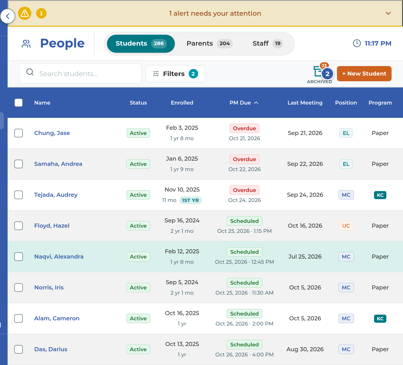 The Students roster with the + New Student button
