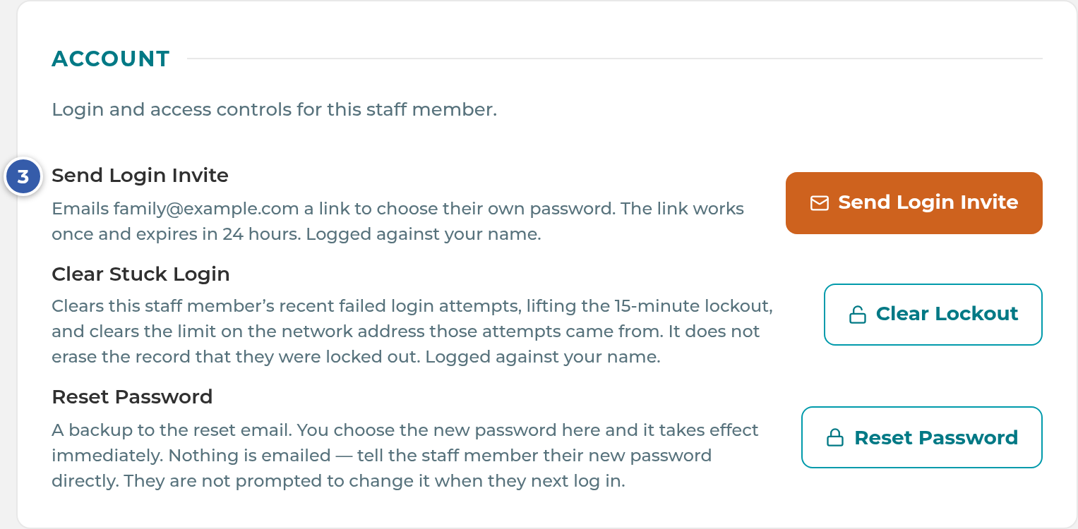 The Account card on a staff profile