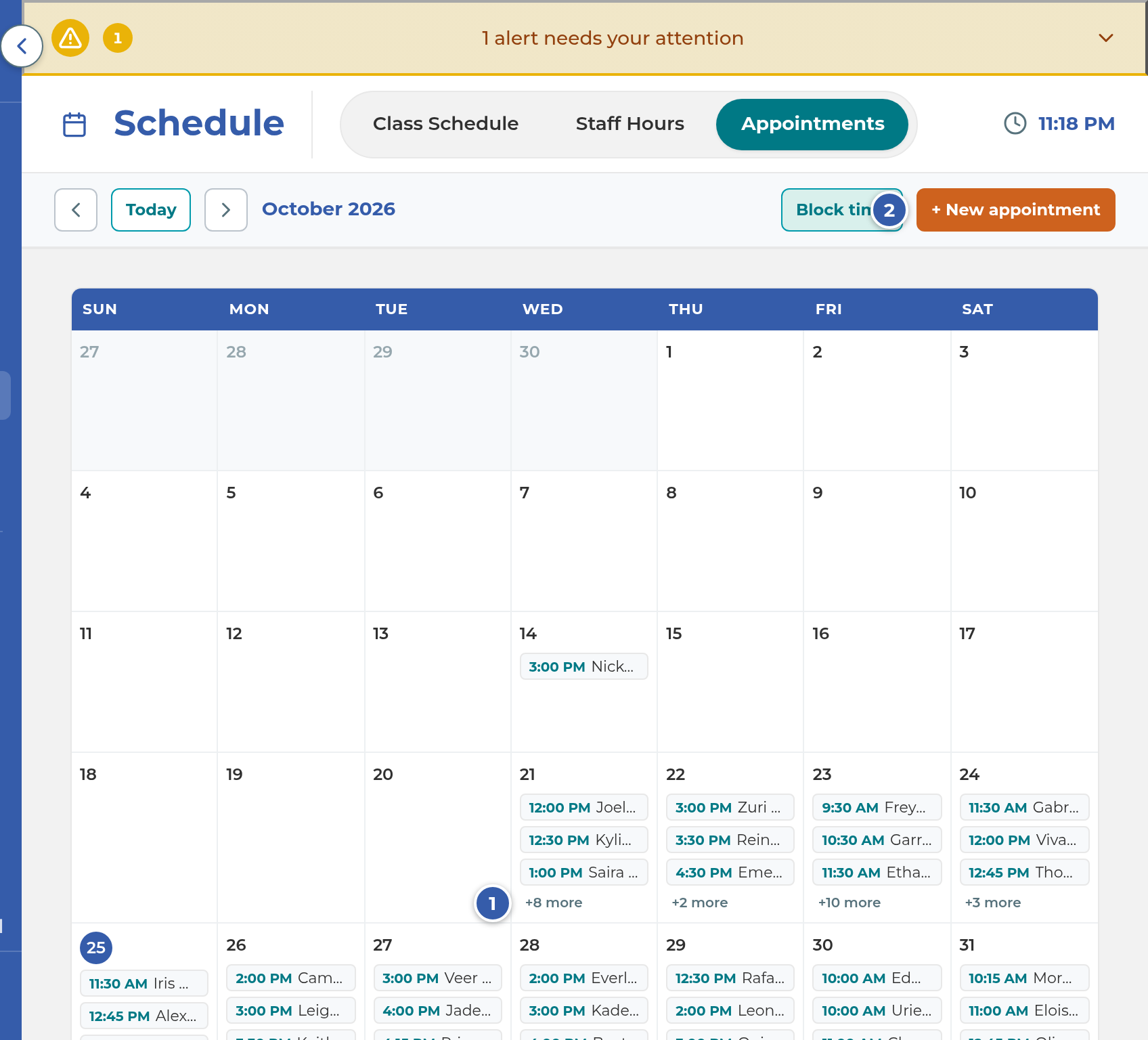 The Appointments calendar on the Schedule page, with the New appointment button