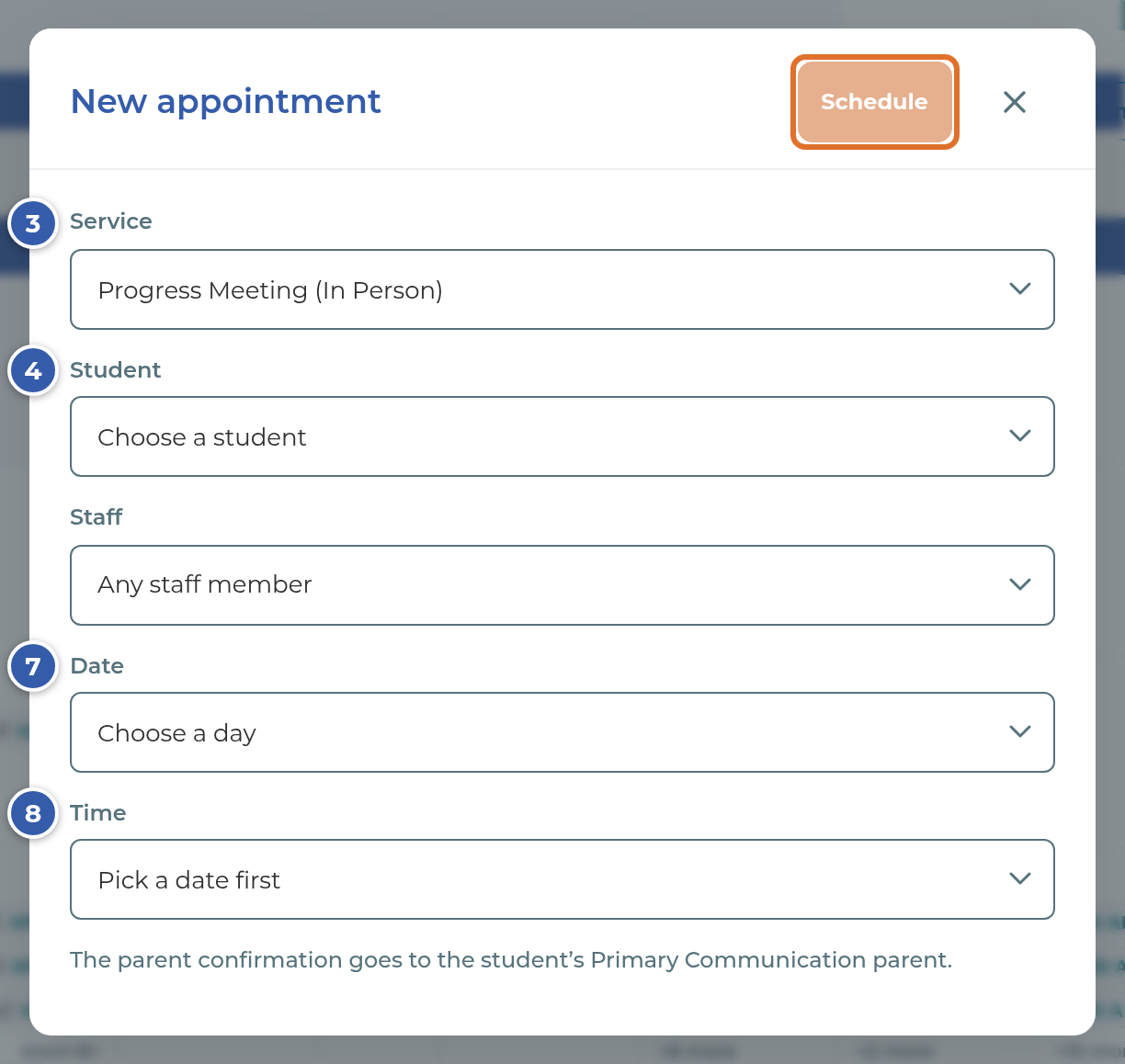 The New appointment form with Service, Student, Date and Time