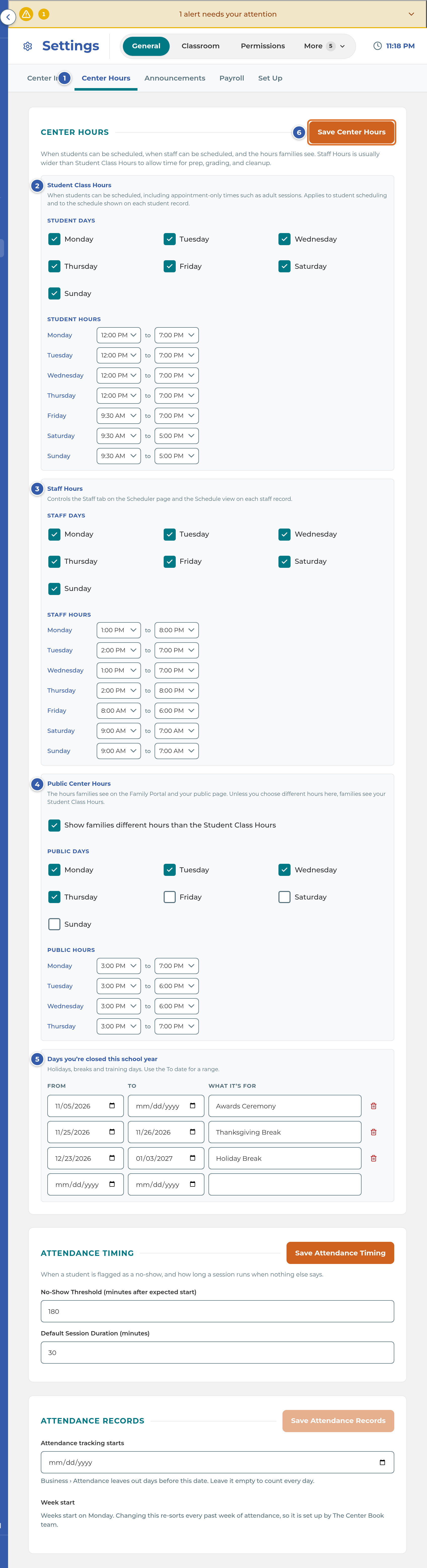 The Center Hours settings