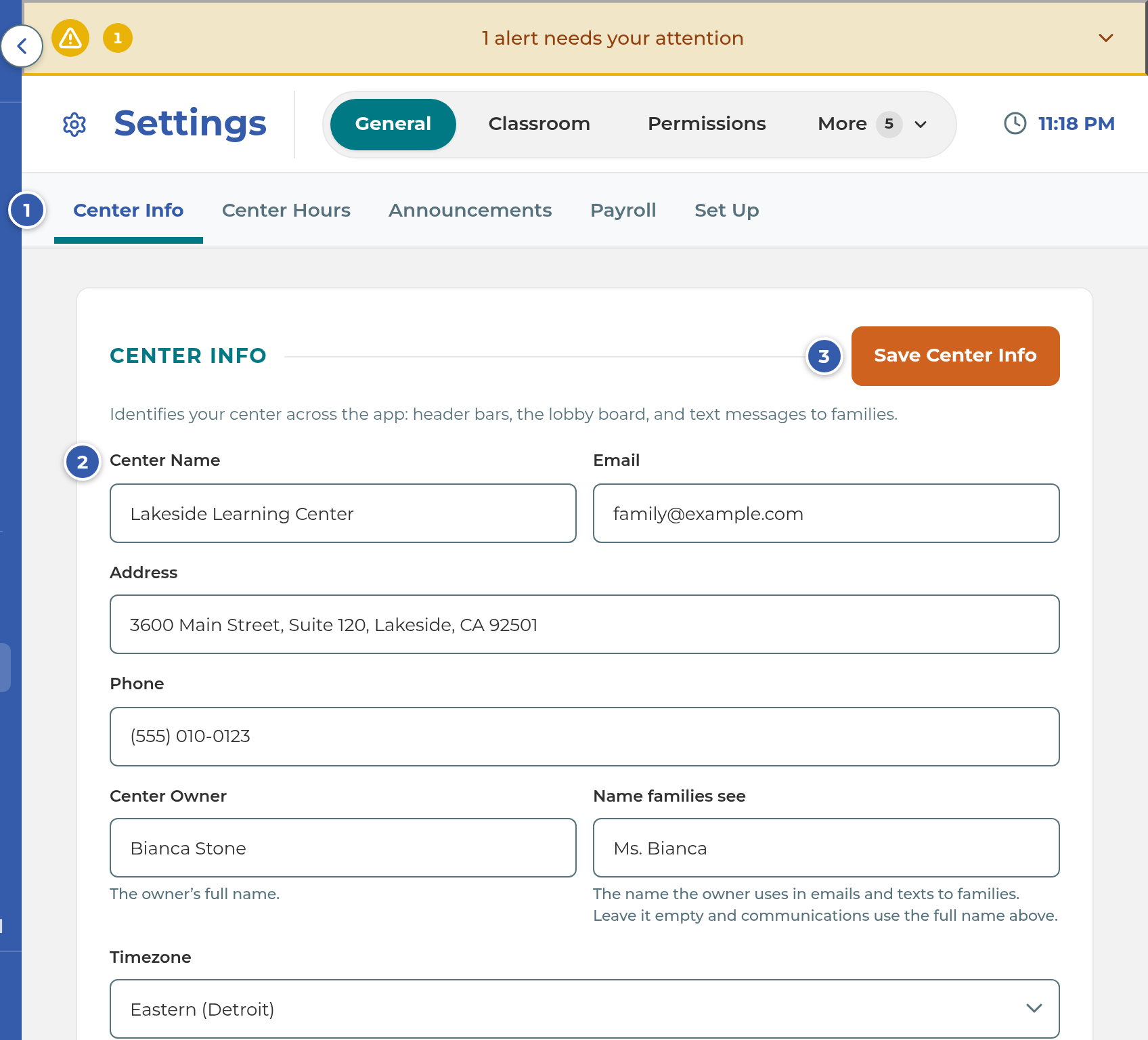The Center Info settings