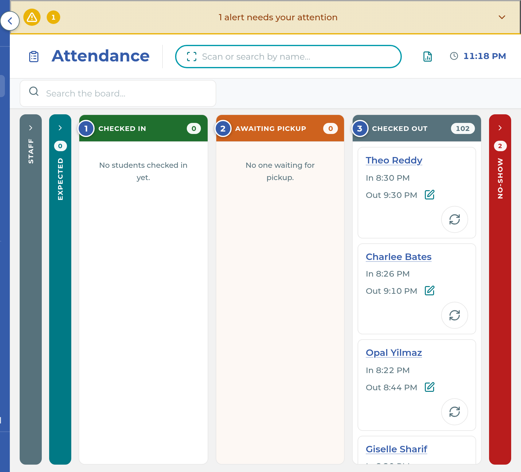The Attendance board with Checked In, Awaiting Pickup and Checked Out
