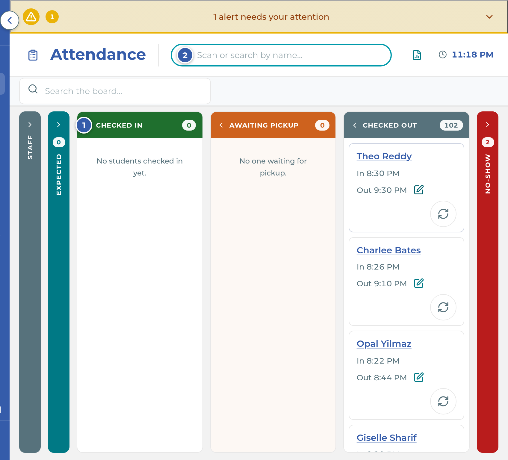 The Attendance board with the scan box