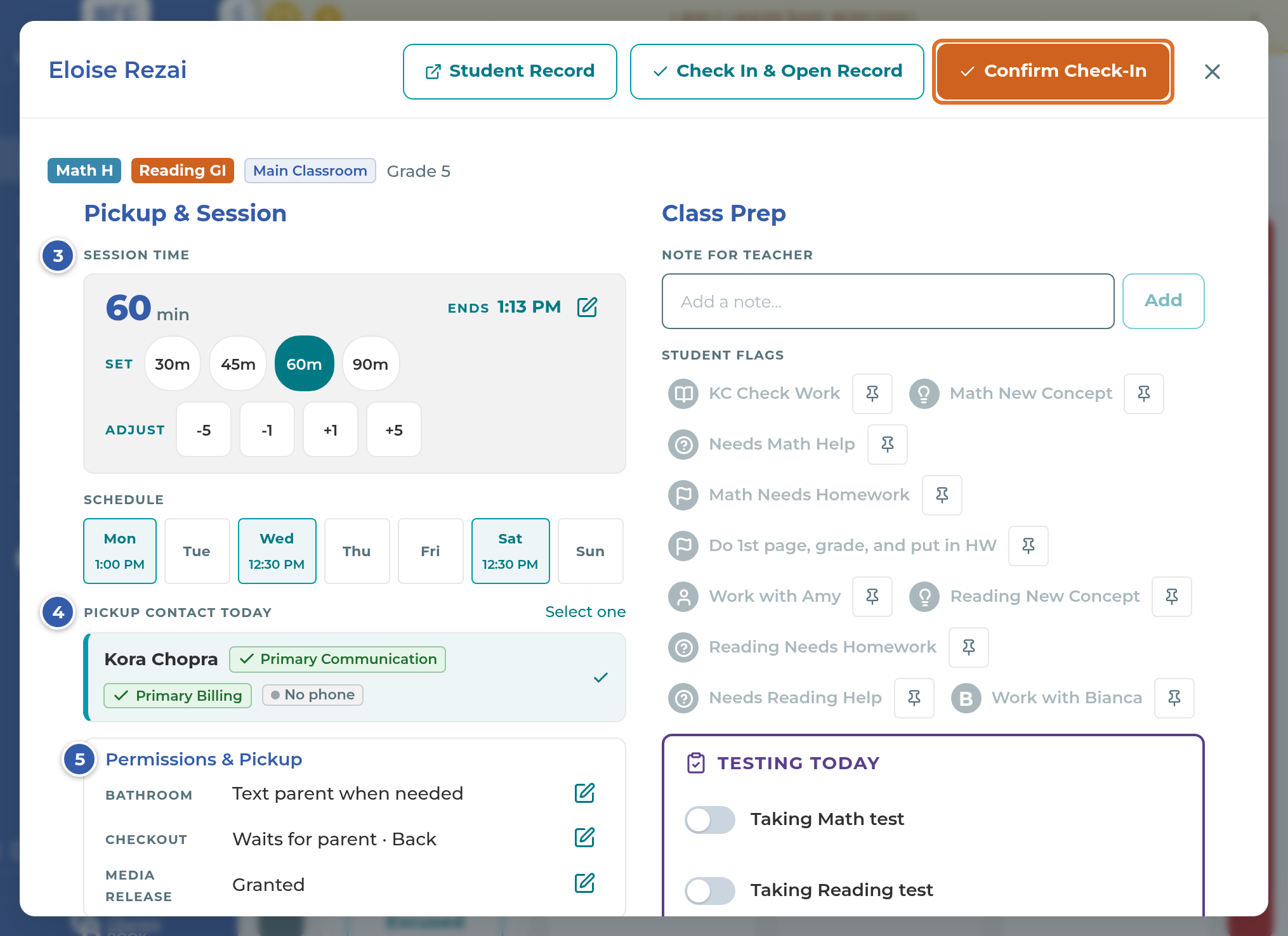 The check-in window with Session Time, Pickup contact today and Permissions & Pickup