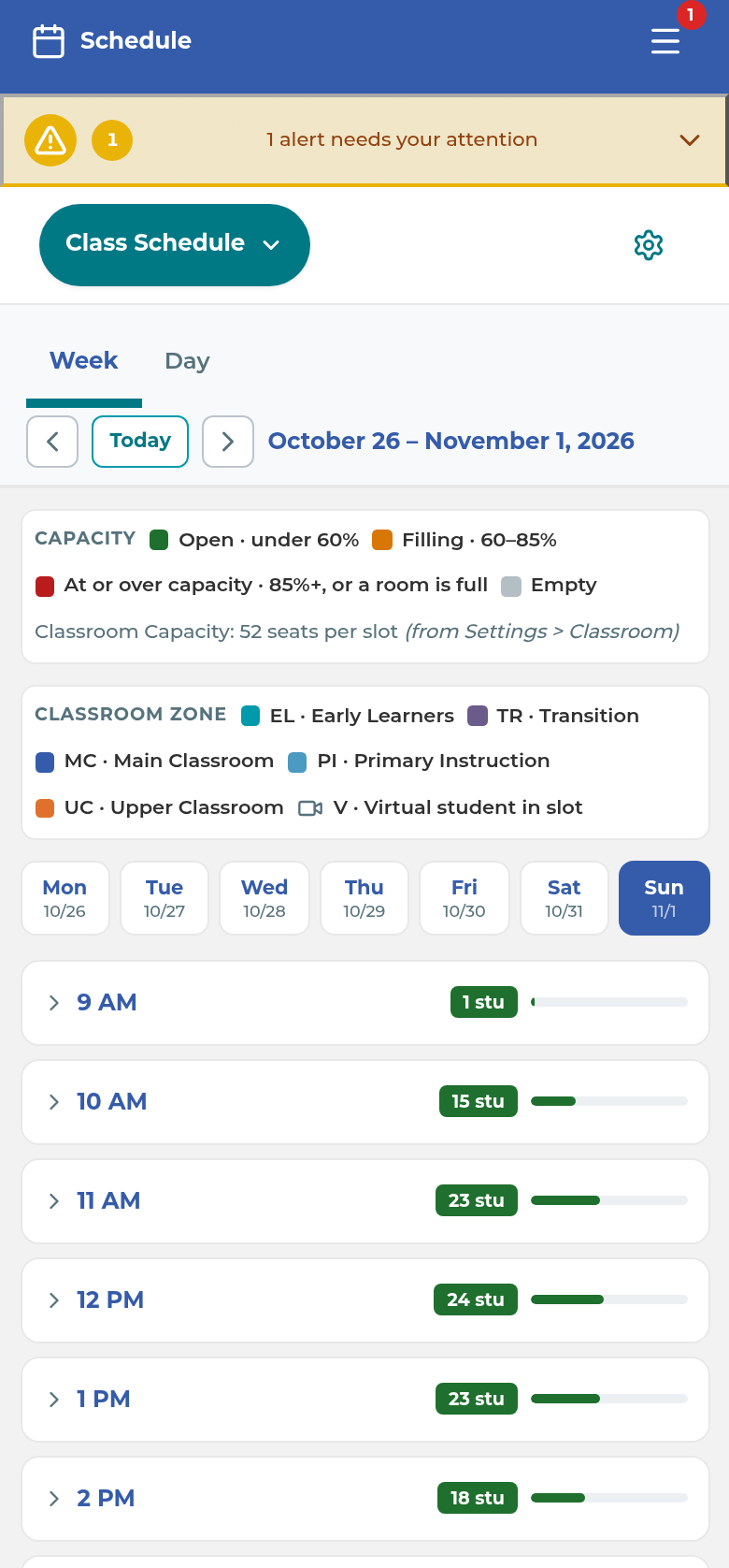 The Class Schedule on a phone, one day at a time