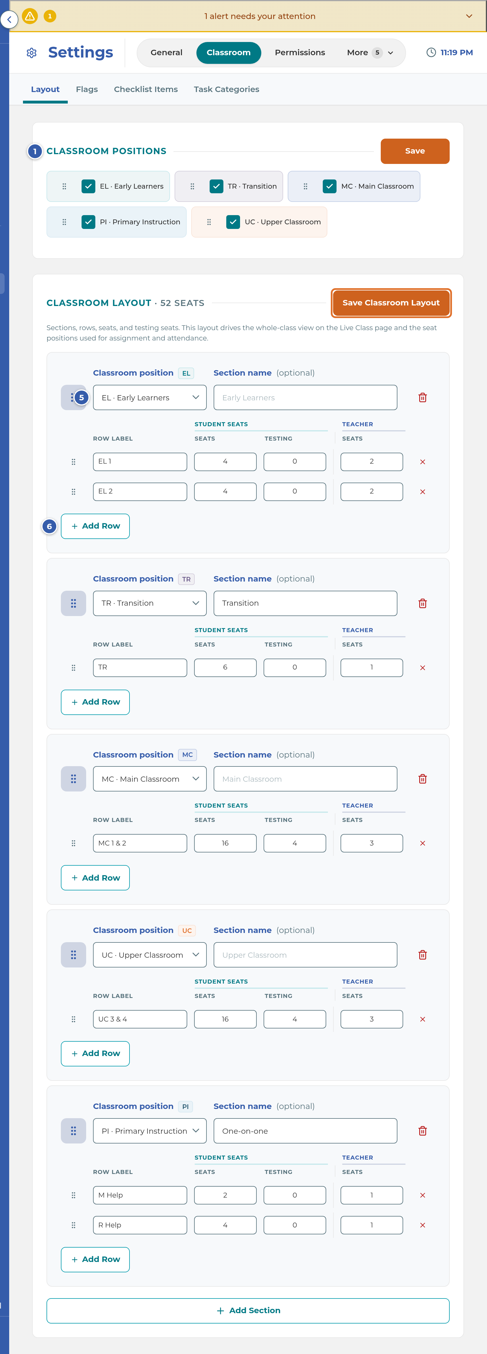 The Layout tab in Settings › Classroom