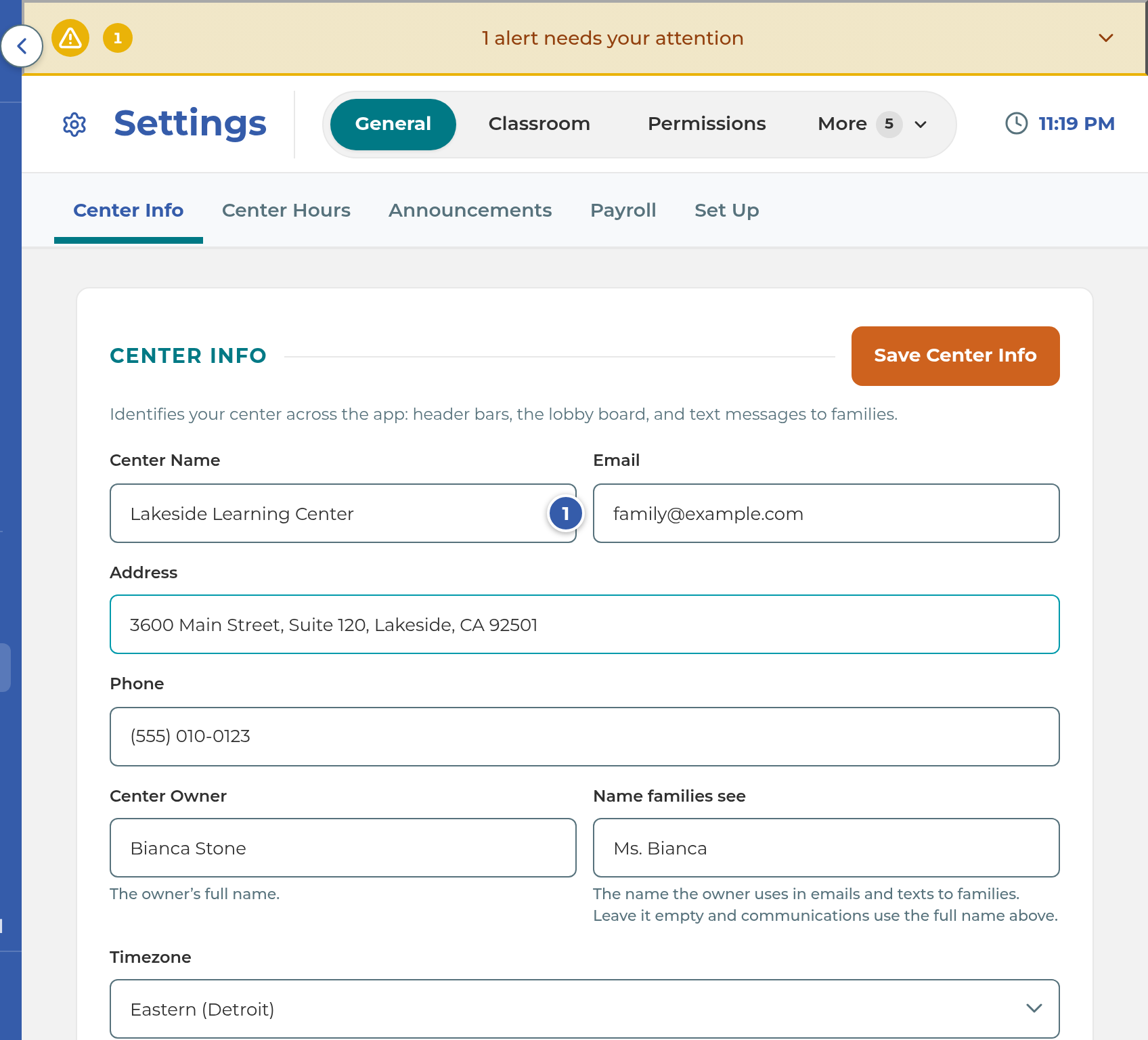 The Email field in Center Info