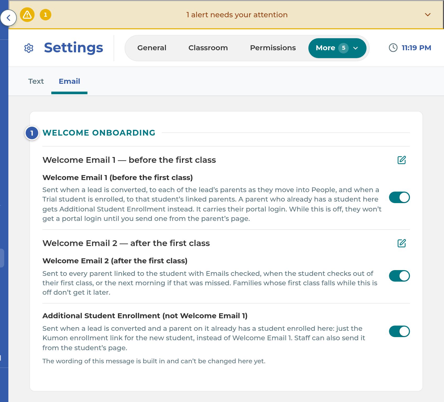 The Email settings, grouped by campaign