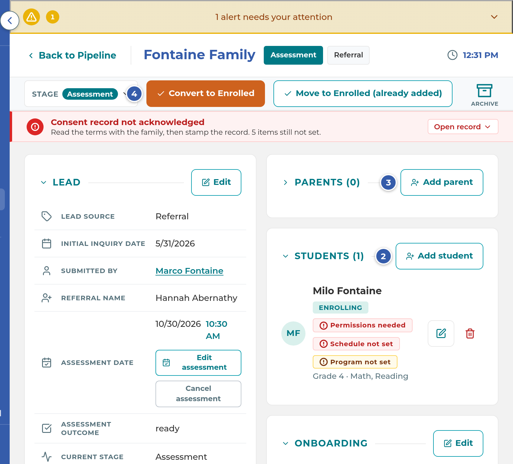 A lead card with its Students, Parents and Convert to Enrolled