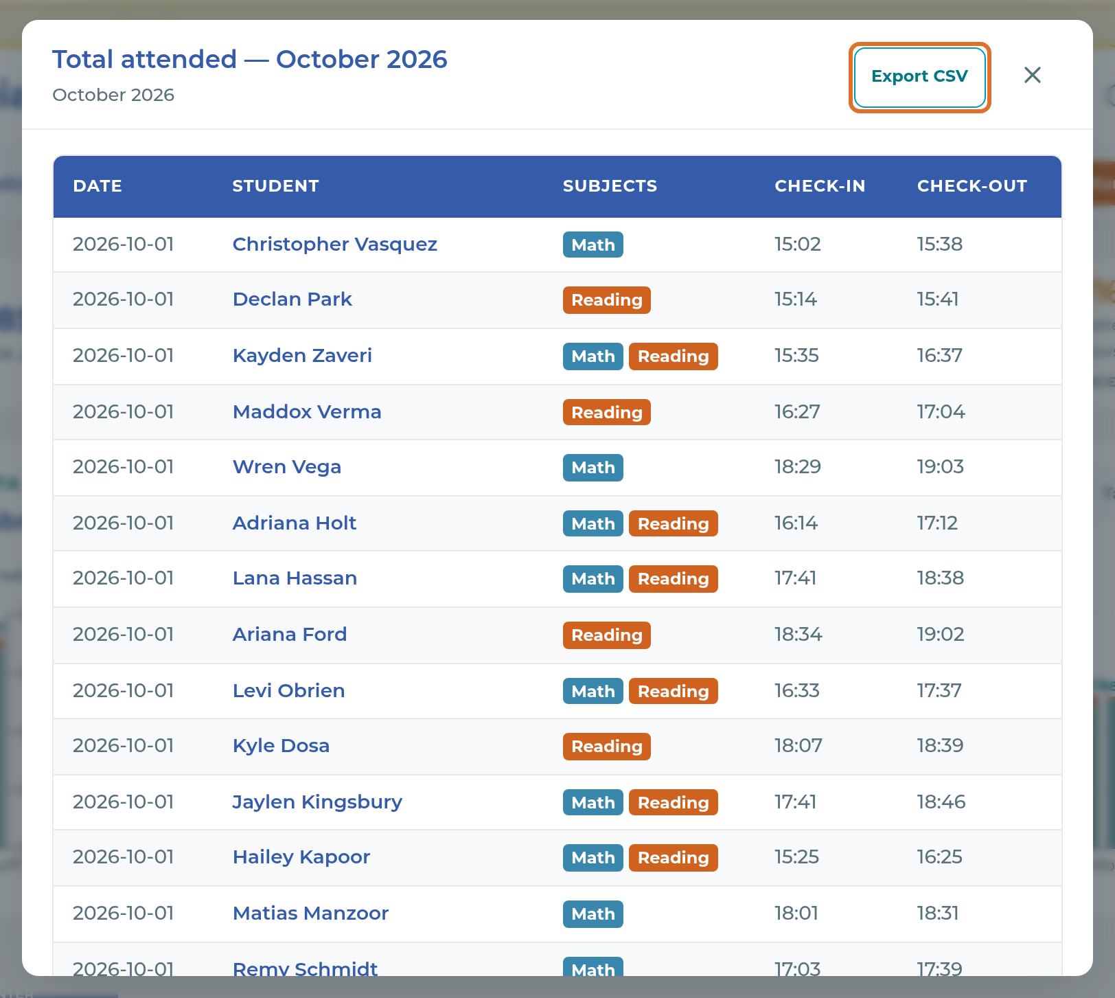 The Total attended list with Export CSV