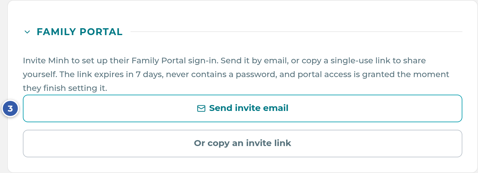 The Family Portal card on a parent's page