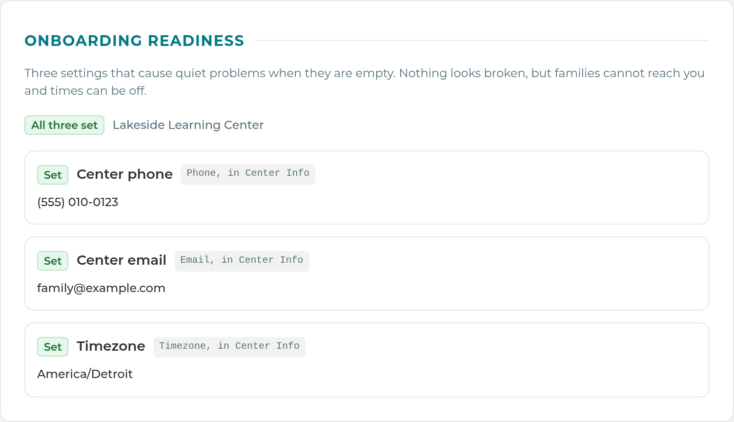 Onboarding readiness in Settings › General › Set Up