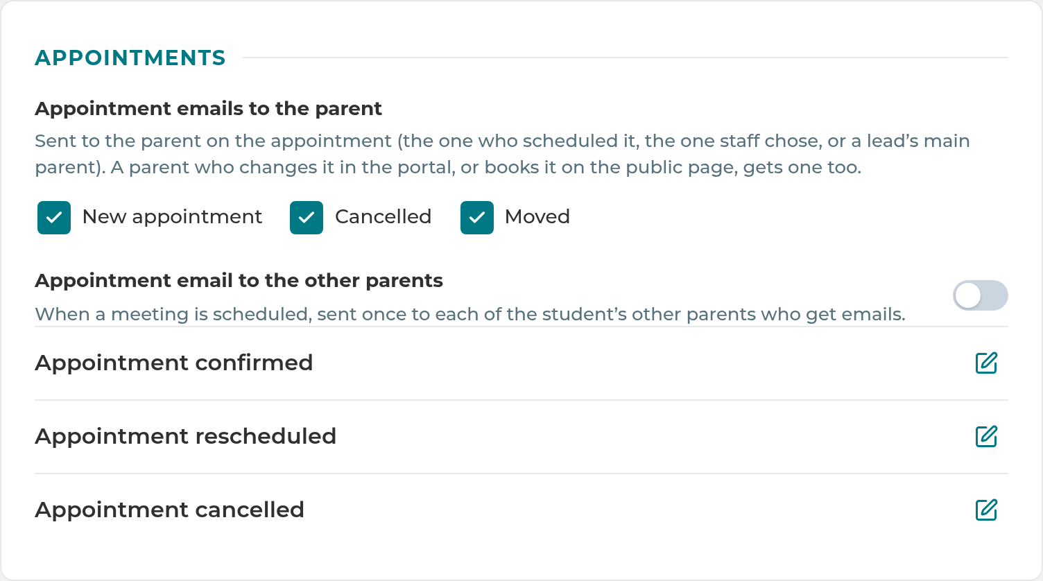 The appointment emails, with a box for each kind of change