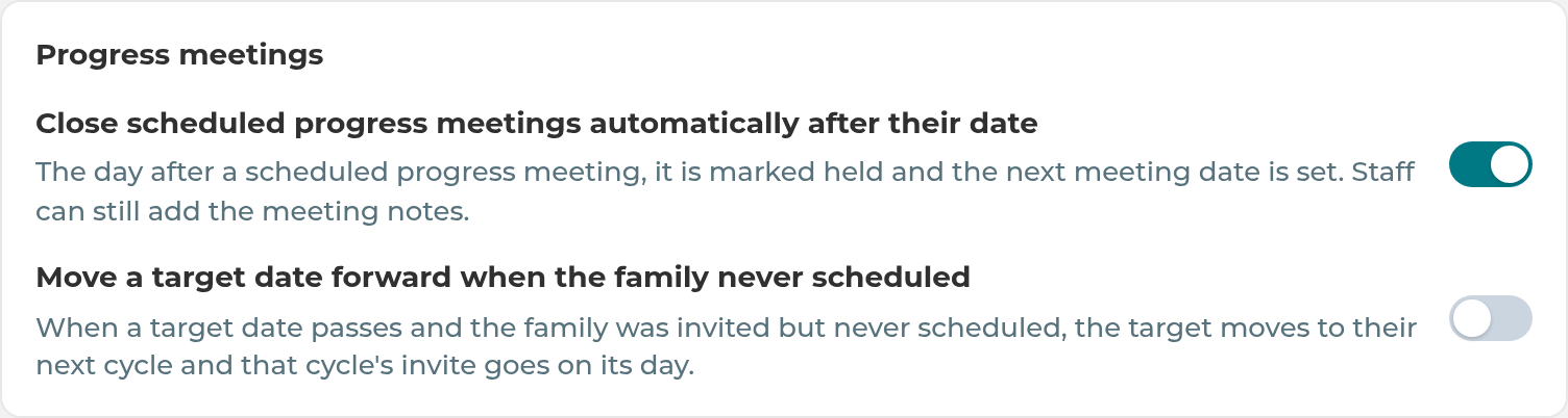 The Progress meetings switches in Staff Automations