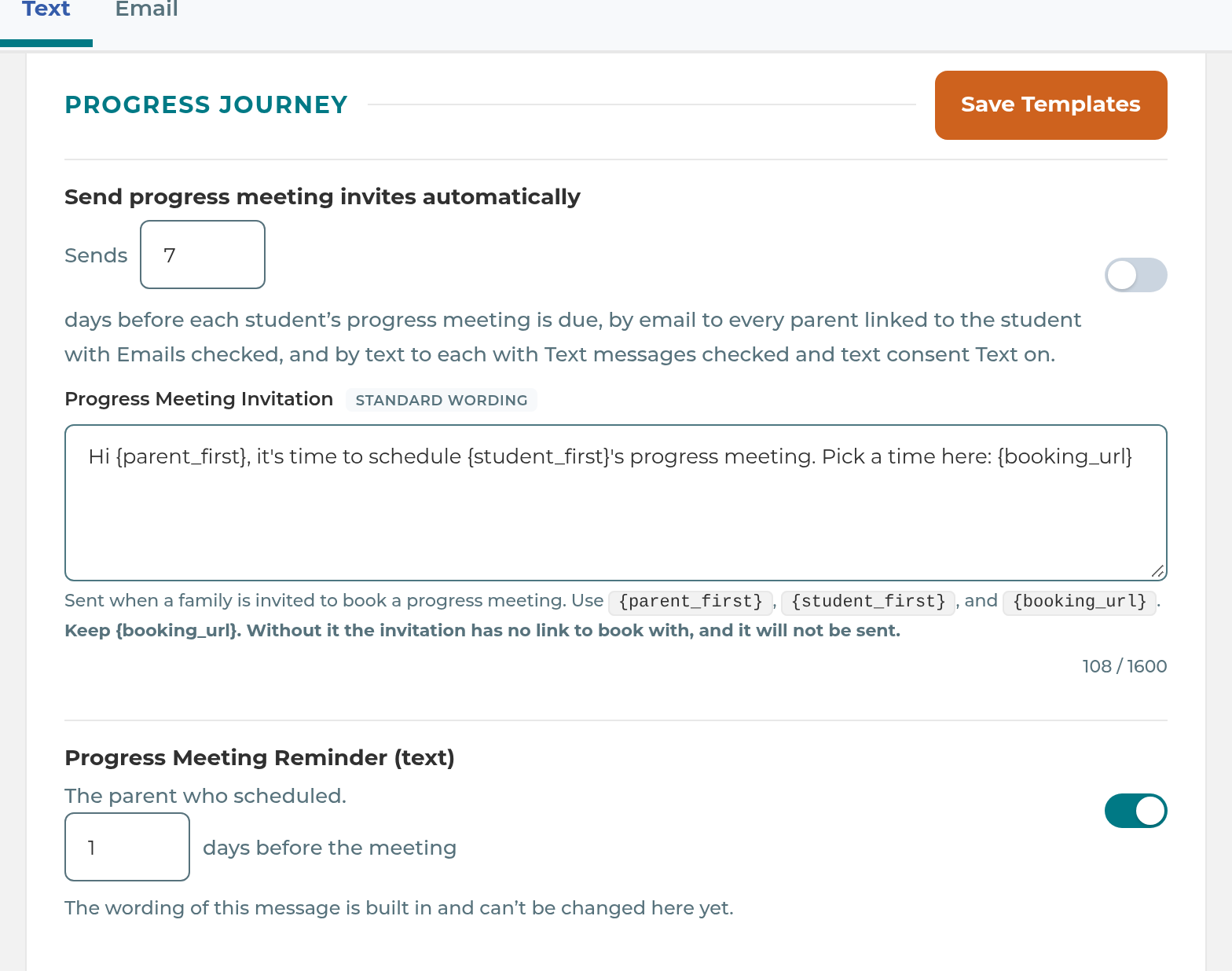 The Progress Journey texts, with the invite switch and its days box