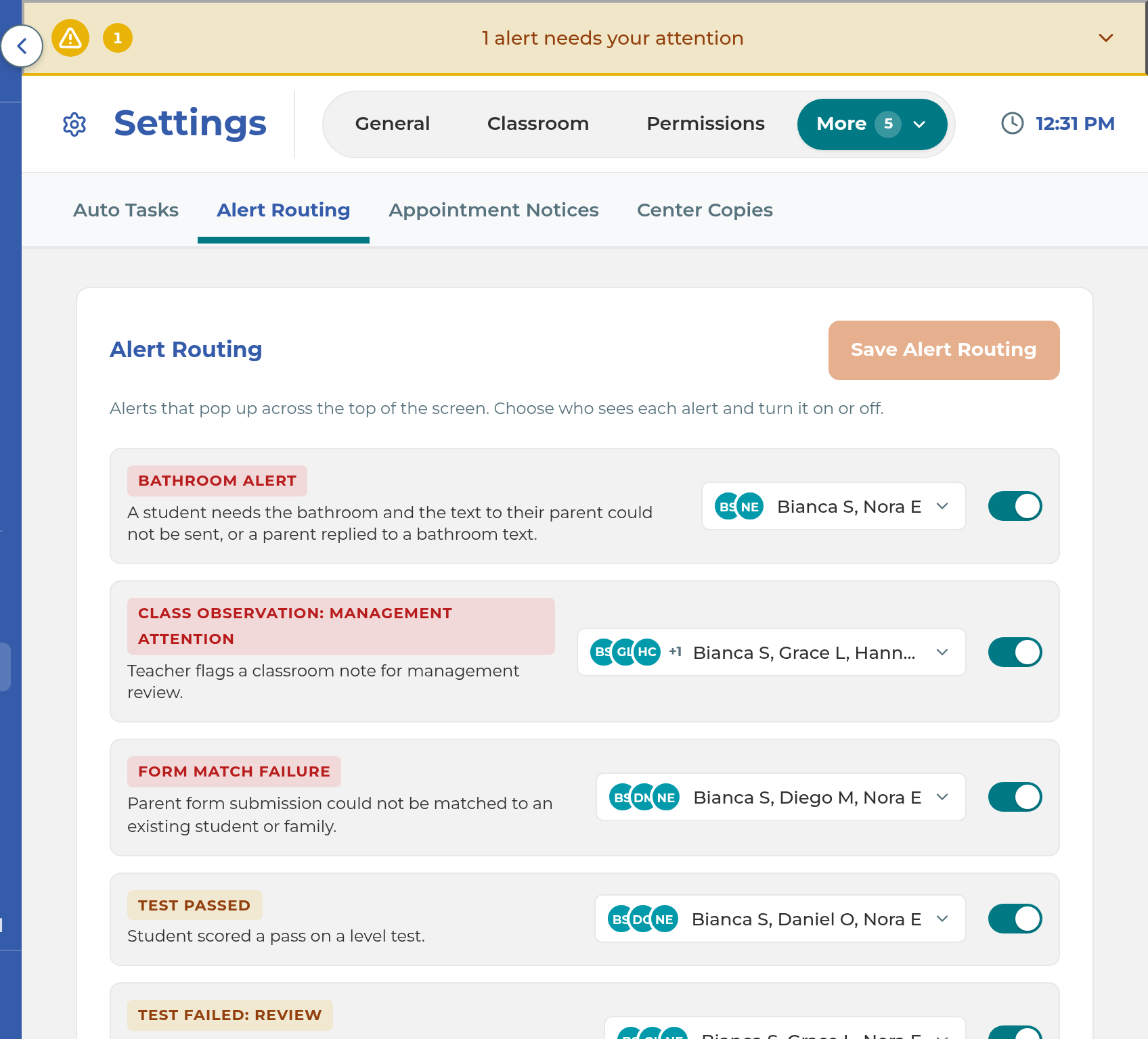 The TEXT NOT DELIVERED row in Alert Routing