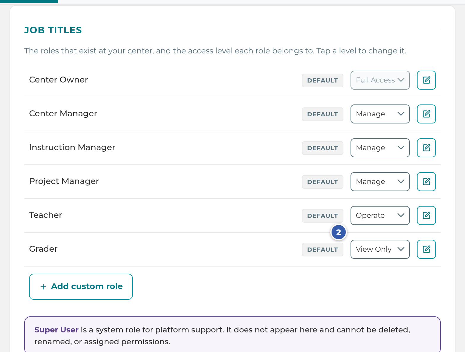 The Job Titles list with an access level dropdown