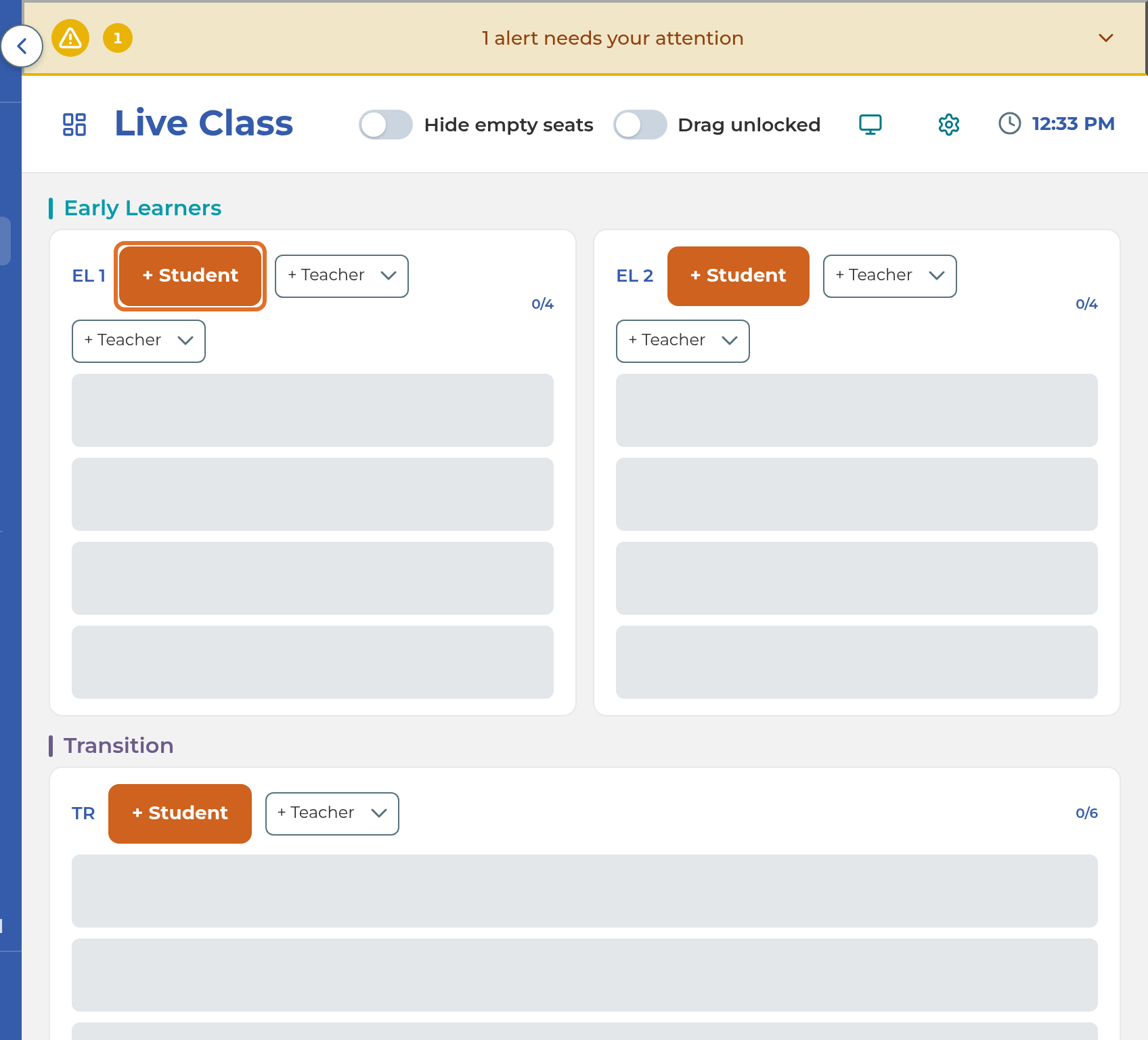 The whole class, with rows, seats and teacher dropdowns