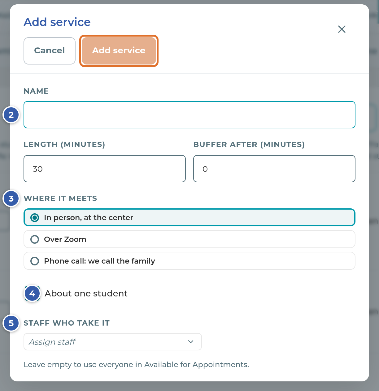 The Add service form