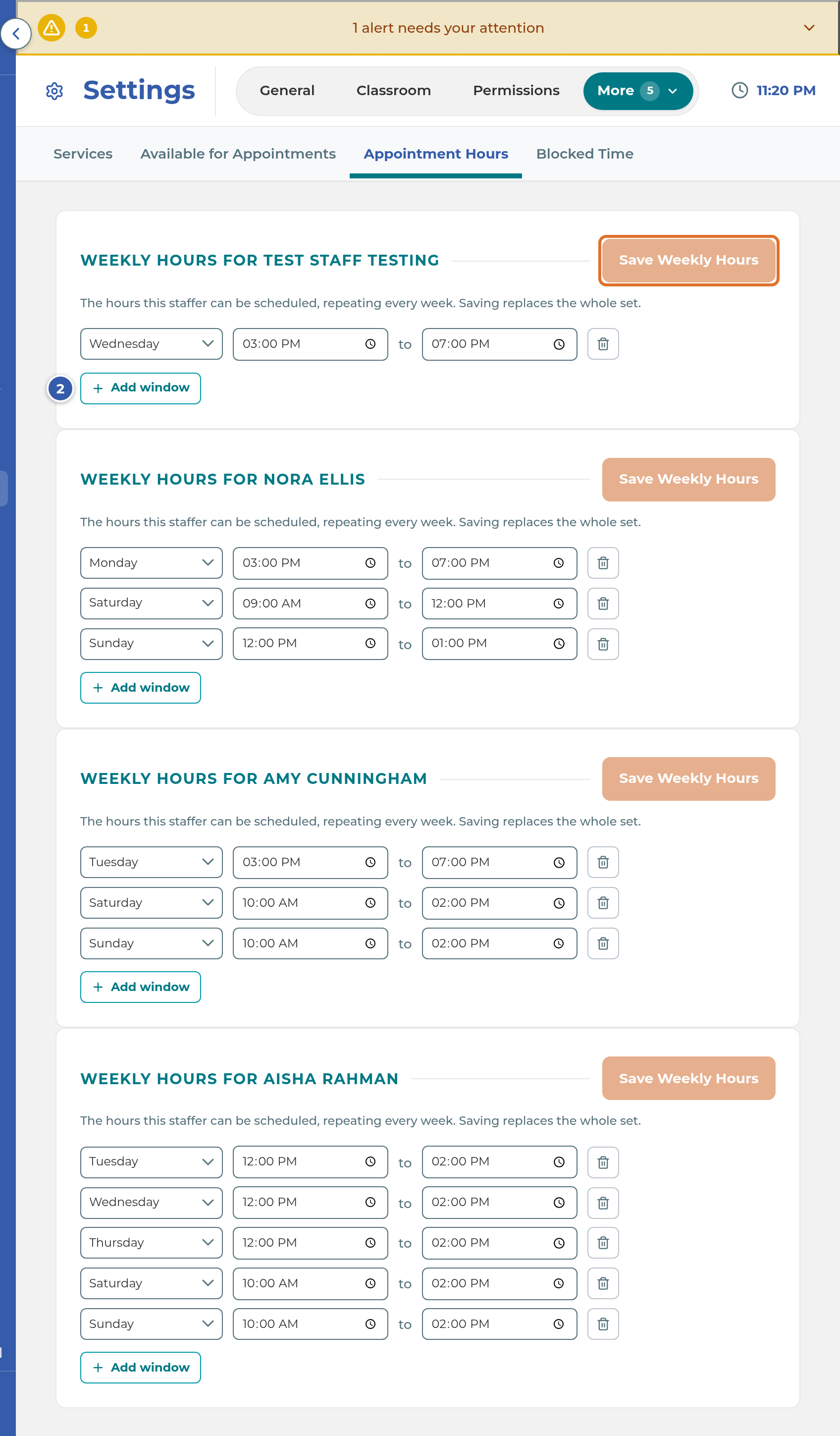 Weekly Hours cards for each staff member available for appointments