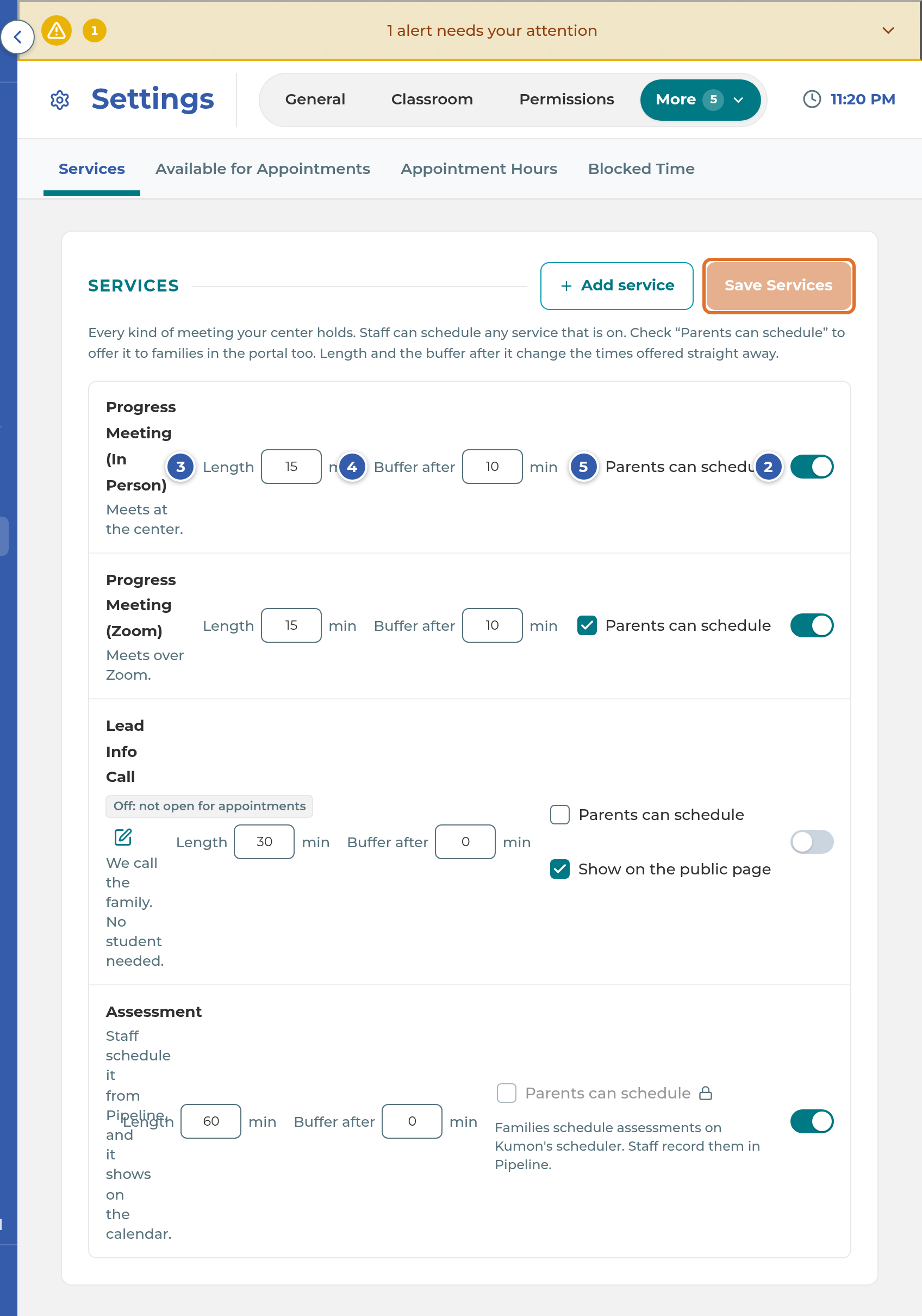 The Services list, with the on/off switch, Length, Buffer after and Parents can schedule on each row