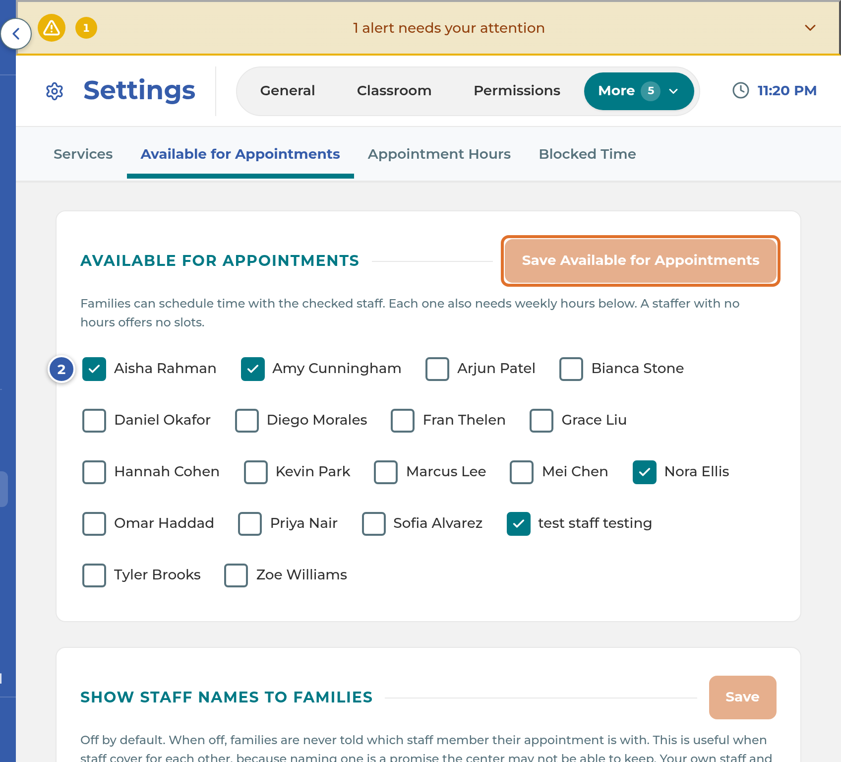 The Available for Appointments list, with a checkbox for each staff member