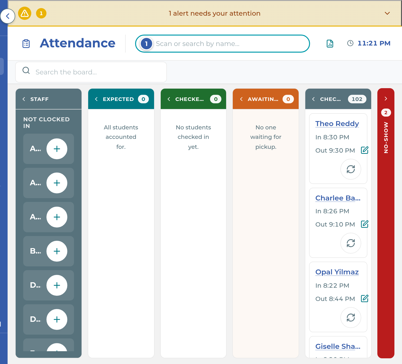 The Staff column on the Attendance board