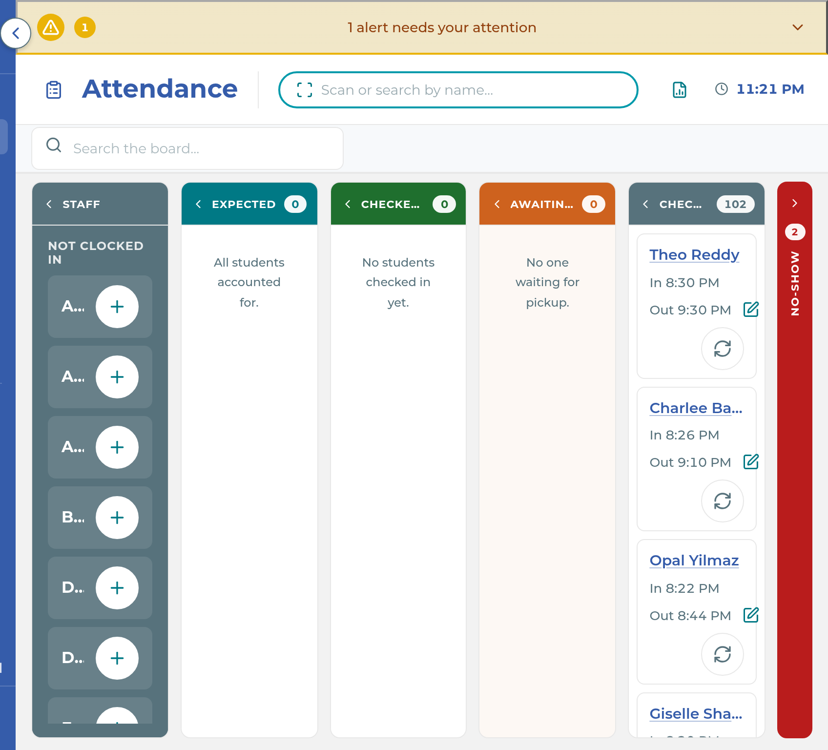 The Attendance board, with the Expected column