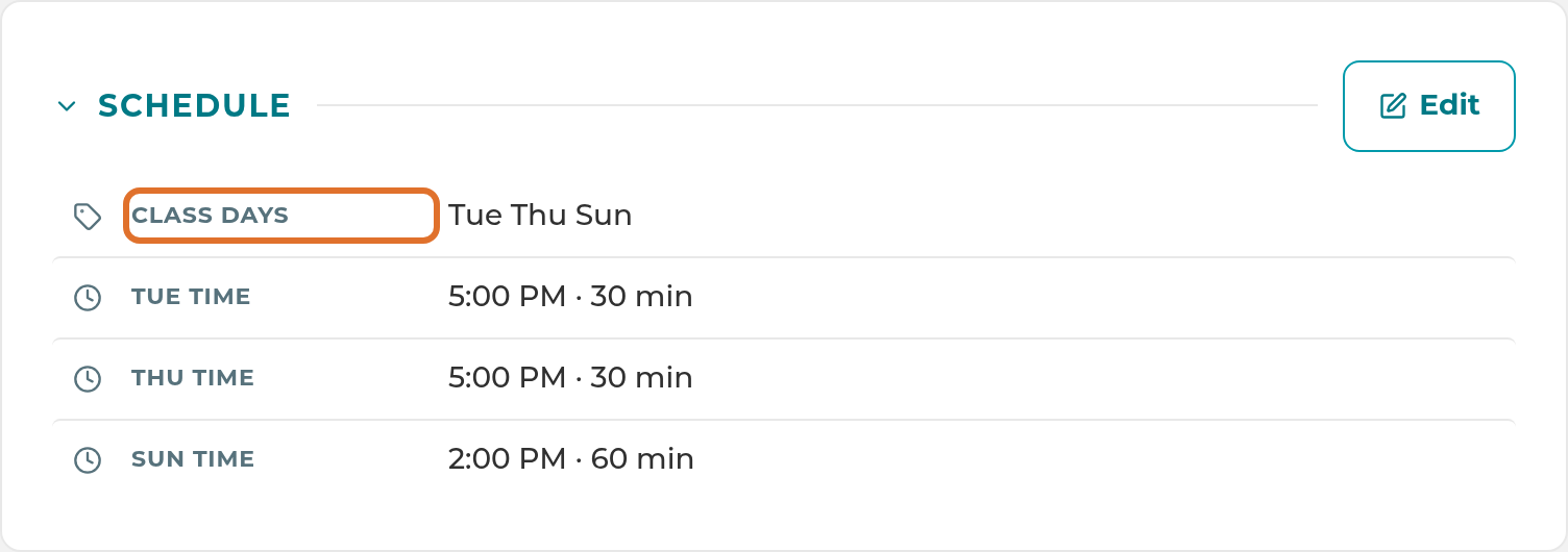 A student's Profile tab, with Class Days in the Schedule section