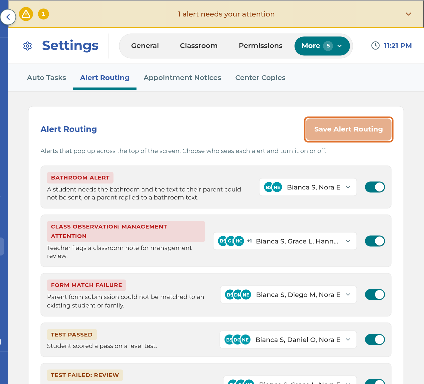 The PARENT TEXTS row in Alert Routing