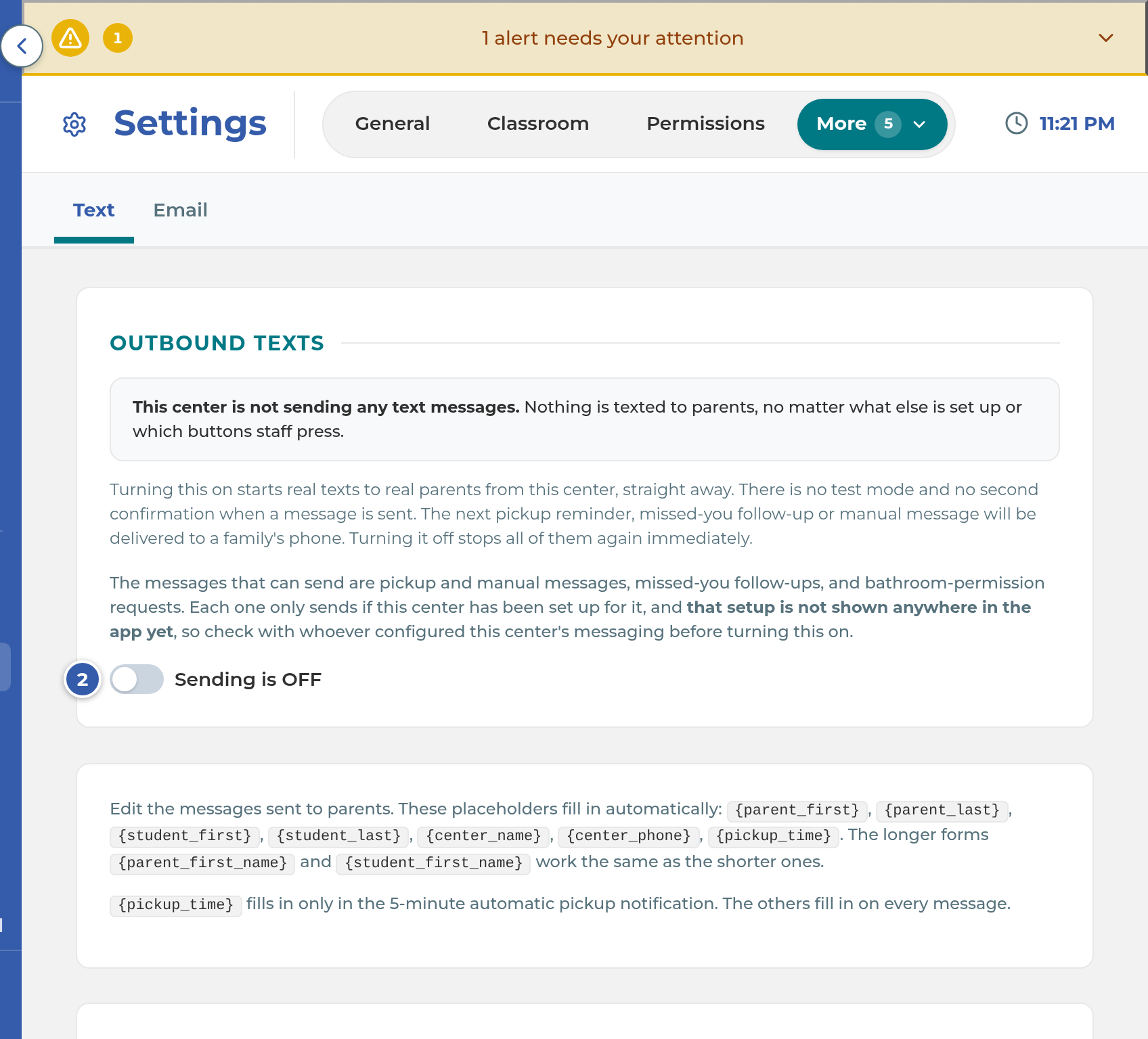 The Outbound texts switch at the top of the Text settings